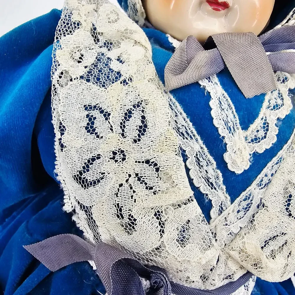 Rare Fine China Head Doll Blue Victorian Velvet & Lace Dress Circa 1980s 17